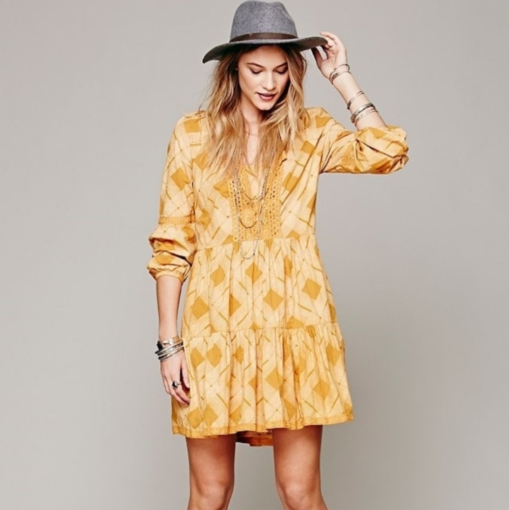 Free People Constantine Dress Gold Plaid Boho Long Sleeve‎ - Picture 1 of 14